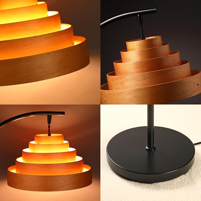 O’Bright Strata Wooden Floor Lamp - Mid Century Modern Standing Lamp with Layered Wood Shade, Tall Reading Lamp for Living Room, Bedroom, Office, Black, Light Oak, Cascade Shade