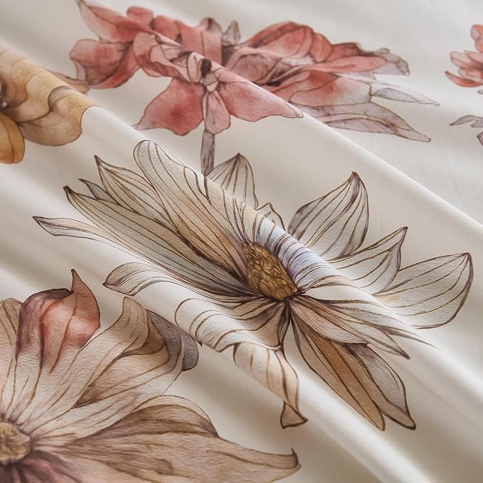 100% Cotton Duvet Cover Queen Size – Cream Hand-Drawn Watercolor Blooms Duvet Cover Set with Zipper Closure & Corner Ties, 3-Piece Luxury & Silky Soft Bedding Set for All Seasons