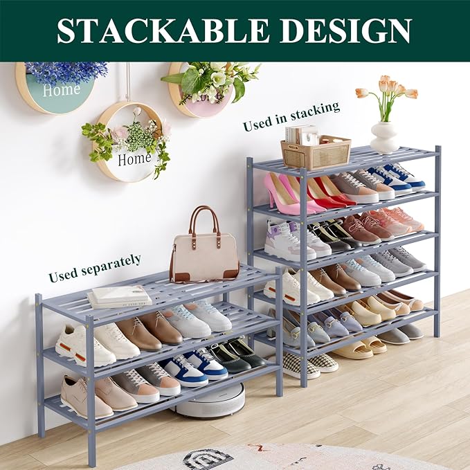 Smiry Long Bamboo Shoe Rack 2-Tier, Stackable Wooden Shoe Organizer for Entryway & Closet, Free Standing Wood Shoe Storage Shelf for Front Door & Small Spaces, Grey
