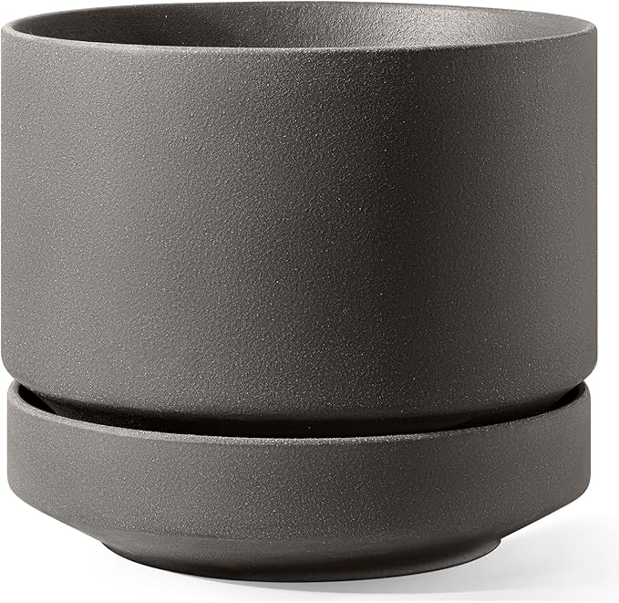LE TAUCI 14 Inch Large Plant Pot with Saucer, Ceramic Outdoor & Indoor Big Planter with Drainage Hole, Mesh Pad & Plug Included, Unglazed Porous, Modern for Home and Patio, Charcoal Gray