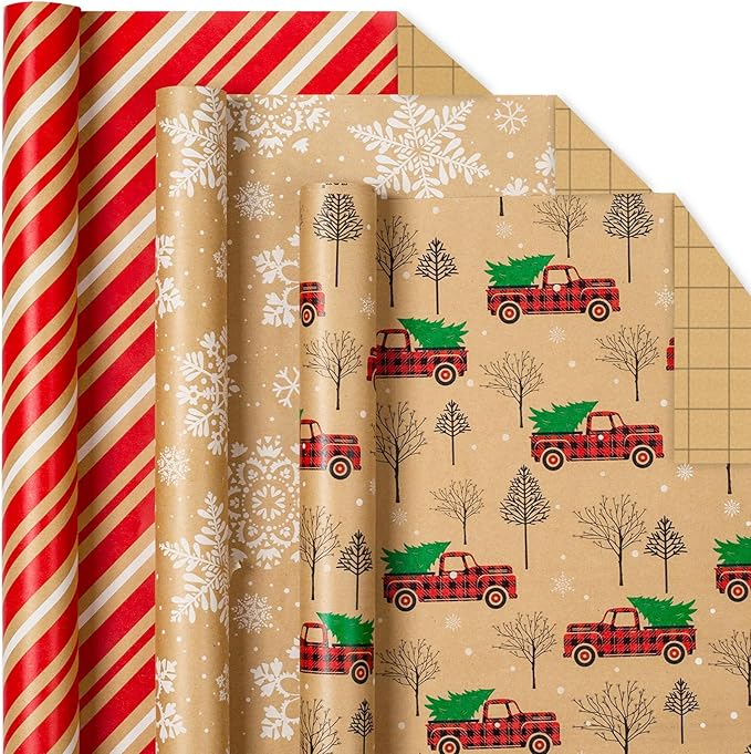 MAYPLUSS Christmas Wrapping Paper Roll - Mini Roll - 17in x 120in - Christmas Kraft Paper White Snowflake Red Truck, Stripe for Party, Birthday, Wedding, Anniversary (42.3 sqft)