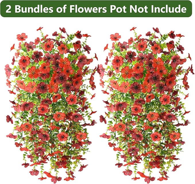 Artificial Fake Flowers Plants for Outdoor Fall Decoration, 2PCS Faux Mums Flowers for Outside UV Resistant Realistic for Porch Patio Garden Yard Balcony Home Decor(Red Brown)