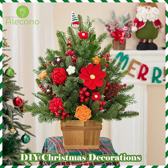 Alecono Crochet Flower Bouquet, Christmas Knitted Flowers, Green Completed Handmade Flower for Lover Anniversary Birthday Party Gifts (Include Card)