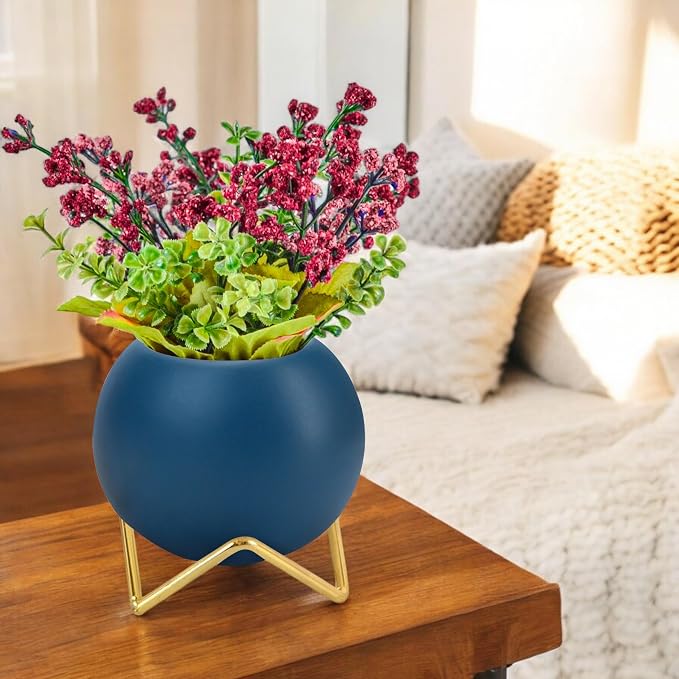 BuleVina 4” Ceramic Plant Flower Pot - Indoor Planter Pot with Gold Metal Stand for Herbs Orchids Cacti Succulents Potted Planter (Navy Blue)