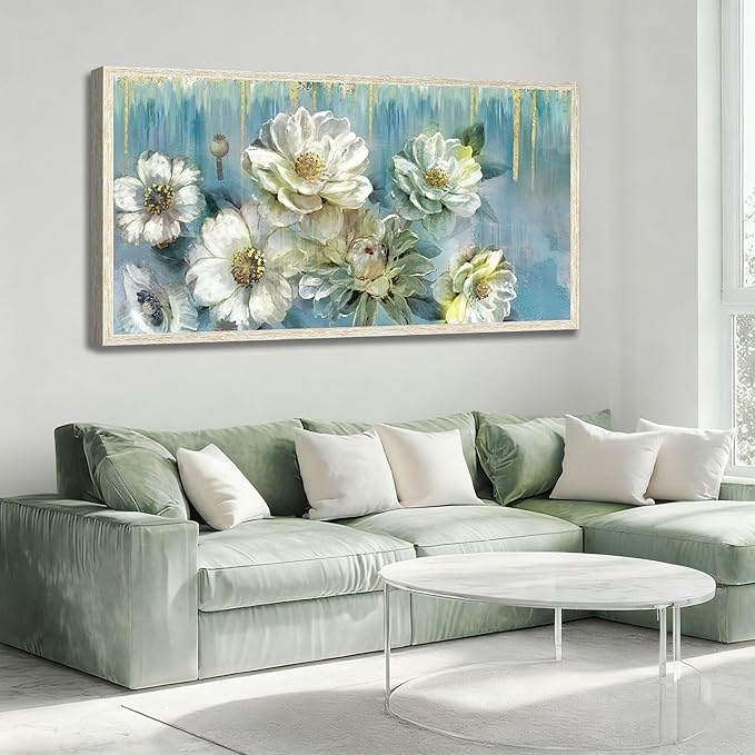 Ardemy Teal Canvas Wall Art Large Framed Magnolia White Floral Pictures Wall Decor Textured Painting Flowers Turquoise Artwork for Living Room Bedroom Dining Room Home Office, 48"x24"