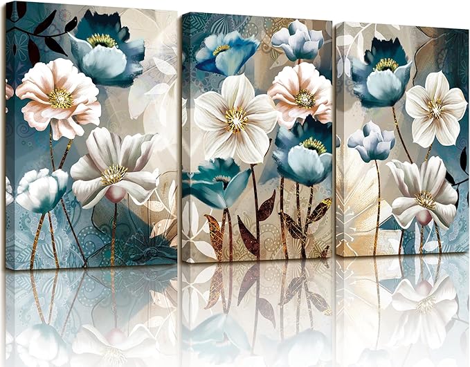 SERIMINO Lotus Flower Canvas Wall Decor Living Room, Blue Floral Picture Wall Art for Dining Room Bedroom, Art Prints Paintings for Home Decorations 16"X24"