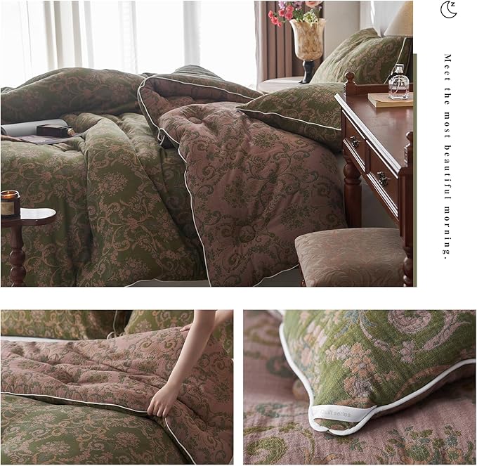 HighBuy Queen Comforter Set Muslin Cotton Bedding Set Paisley Floral Print Comforter Luxury Breathable Boho Comforter Sets Green,1 Lightweight Comforter (90"x90") and 2 Pillowcases (20"x26")