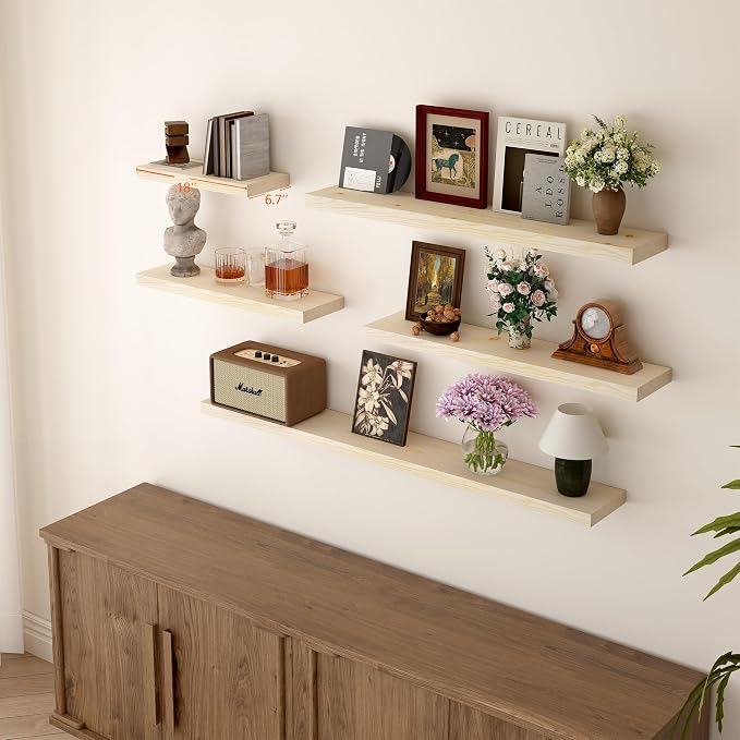 BGMG Wood Floating Shelves for wall 18 inch, Rustic Wooden Wall Mount Shelves for Bathroom Living Room Bedroom Kitchen Farmhouse Set of 2-18x 6.7 x1.25 inch- DIY-Unfinished