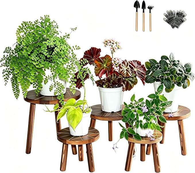 5-Piece Decorative Plant Stand Set Indoor Outdoor, 7-16 Inch Plant Stool Tables for Living Room, Balcony, Patio, Porch, Multi-Level Plant Display Furniture