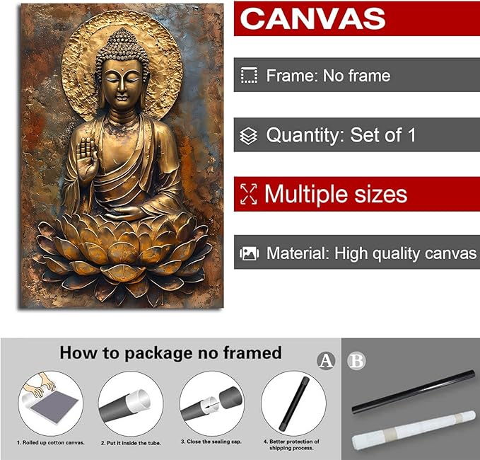 Buddha Wall Art Golden Buddha in Lotus Seat Serene spiritual statue radiant aura Meditation and mindfulness wall art suitable for sacred spaces 8x12in Frameless
