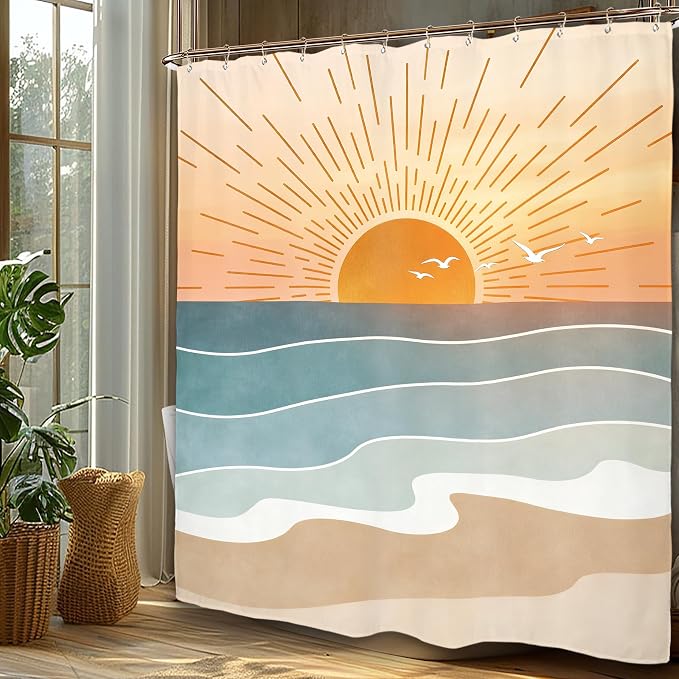 Miyotaa Abstract Orange Sun Minimalist Shower Curtain Set 60Wx71H Inches Beach Sunrise Sunset Aesthetic Coastal Teal Turqoise Aqua Polyester Waterproof Cloth Bathroom Curtain with 12 Hooks