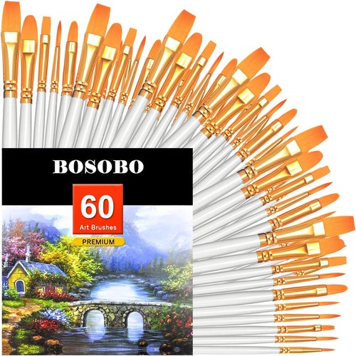 BOSOBO Paint Brush Set - 60 Pcs Round Pointed Tip Nylon Hair Brushes for Acrylic, Oil & Watercolor Painting | White