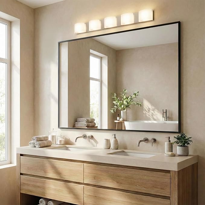 48"x36" Black Landscape Bathroom Mirror for 48-60 inch Vanity, Shatterproof Tempered Glass, Narrow Metal Frame, Large Mantle Mirror