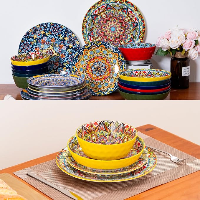 Plates and Bowls Set, Service for 4, 16 Pieces Ceramic Dinnerware Set, Microwave and Dishwasher Safe, Scratch Resistant, Bohemian Style Plates Set for Salad, Pasta, Dessert, Appetier
