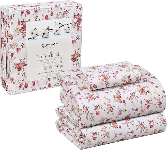 RUVANTI 100% Cotton Twin Sheets Set, 3 Pieces, Soft & Breathable Percale Weave Bedding, Deep Pocket 16", Hotel Standard, Crisp Cool Feel, Durable, Perfect Floral Bed Sheet, Bouquet