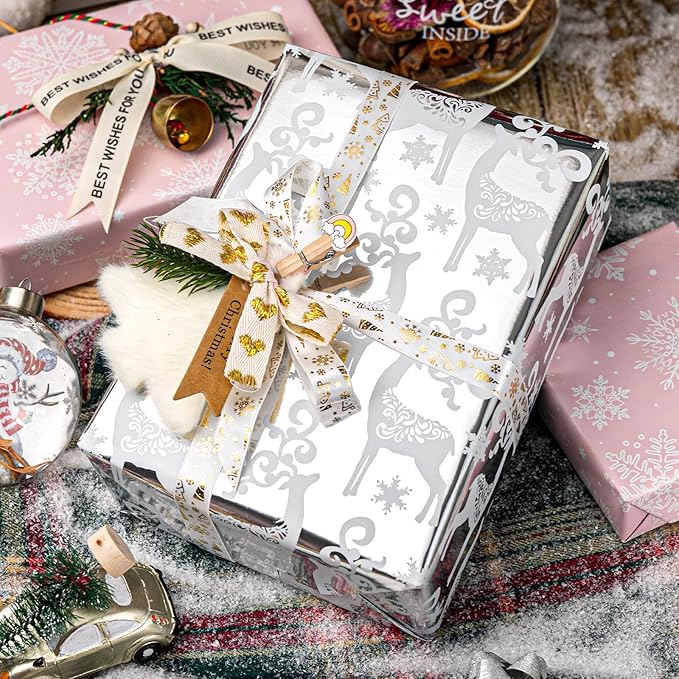 MAYPLUSS Christmas Wrapping Paper Roll - 17IN X 33FT - Santa Claus Gift Wrapping Paper Featuring Merry Christmas Snowflake Reversible HO for Kids, Holiday, New Year