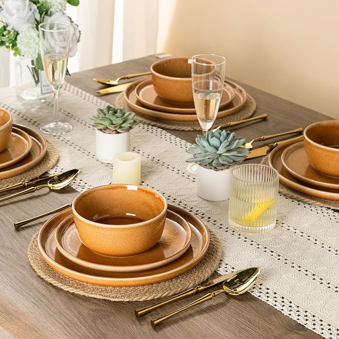 GBHOME Ceramic Dinnerware Sets for 6, 18 Pieces Stoneware Plates and Bowls Sets, Scratch Resistant Dishes, Dishwasher & Microwave Safe, Reactive Glaze-Amber