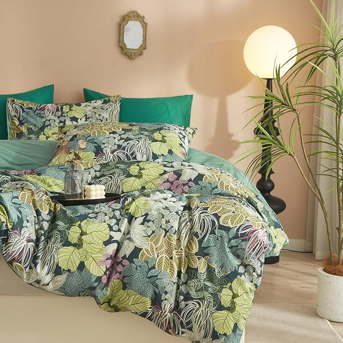 HighBuy Vintage Leaves Duvet Cover Twin Dark Green Boho Botanical Bedding Sets Country Style Green Comforter Cover with 2 Pillowcases Cozy Cotton Cottagecore Chic Farmhouse Bedroom Collection Twin