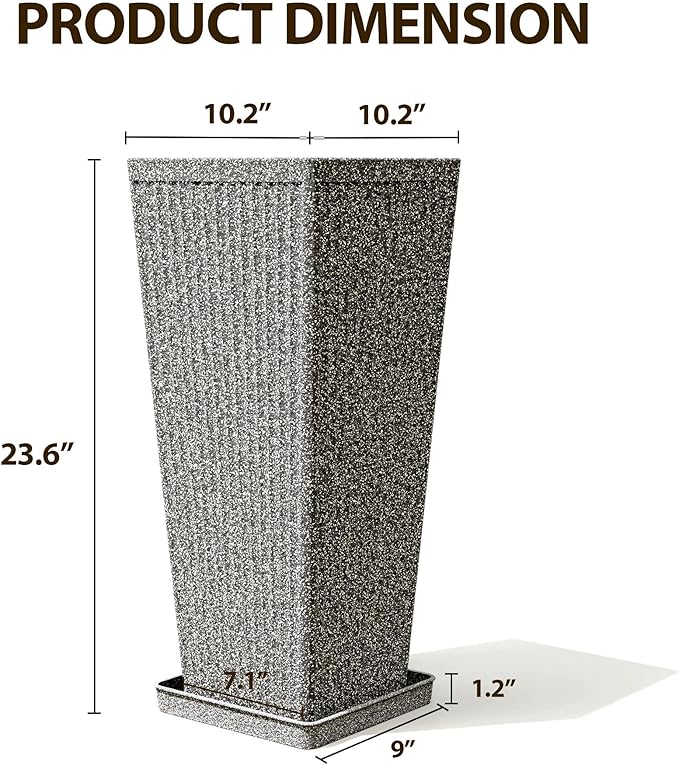 Tapered Tall Planters for Outdoor Plants 2 Pack- 23.6 Inch Heavy-Duty Classic Square Indoor Flower Pots with Drainage Holes/Partition/Tray, Large Outdoor Planters for Porch Patio, Gray