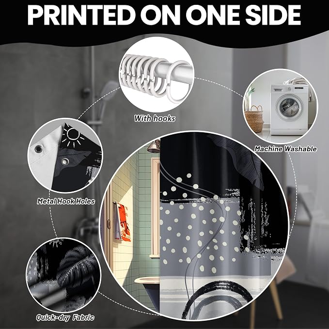 Black and Gray Mid Century Modern Shower Curtain Bohemian Abstract Dark Black and Grey Shower Curtains for Bathroom Decor Sets, Waterproof Cloth Fabric with Hooks, 70x78 Inch