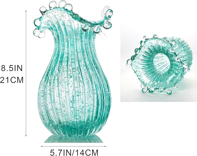 QFkris Hand Blown Glass Luminous Vase for Flowers 8" Teal Crystal Bubble Vases for Bouquet Home Decor Decorative Centerpieces Unique Gift for Christmas Valentines Day Birthday Housewarming Mothers Day