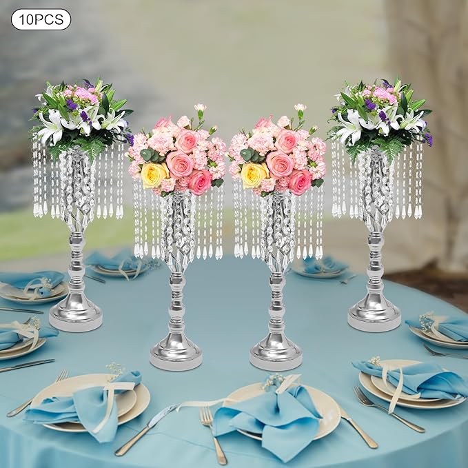 Vase | Bud Vases |10PCS Gold Crystal Flower Stands | Elegant Centerpiece for Weddings & Events | for Wedding Table Centerpieces, Aisle Guides, Party Decorations (Silver)