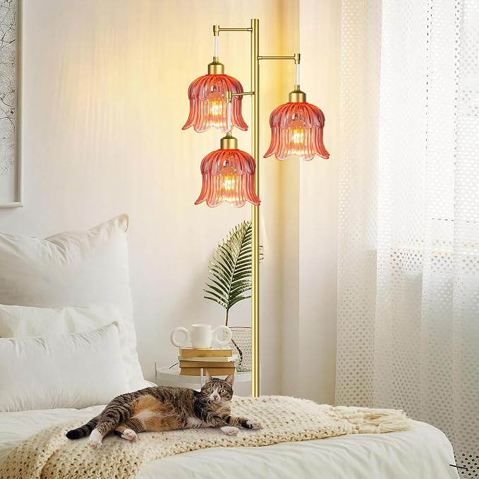 QIYIZM Pink Floor Lamp for Living Room,Bedroom,Gold Mid Century Modern Standing Lamp Brass Tree 3 Light Tall Floor Lamps Floor Lights Glass Flower Lamp Shade Girls Kids Boho Bohemian