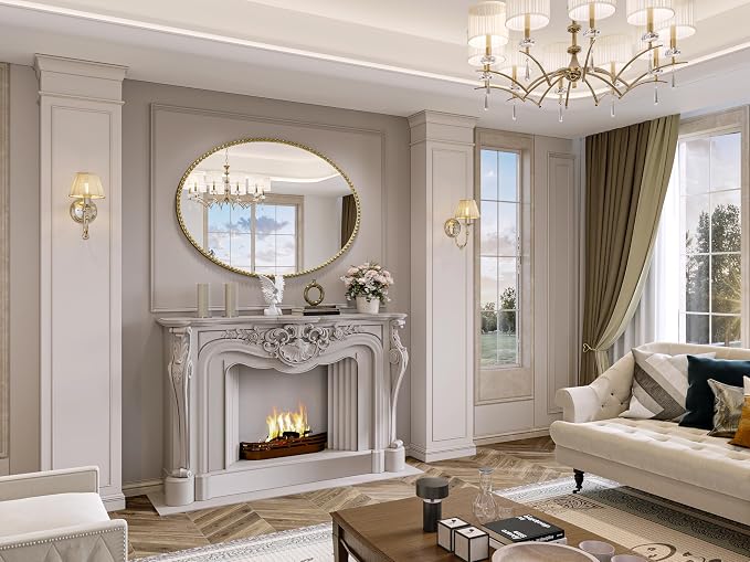Gold Oval Bathroom Mirror, 40x30 Inch Floral Oval Mirrors for Wall, Antique Gold Metal Floral Frame Mirrors for Bedroom Living Room Hallway, Hangs Horizontally or Vertically