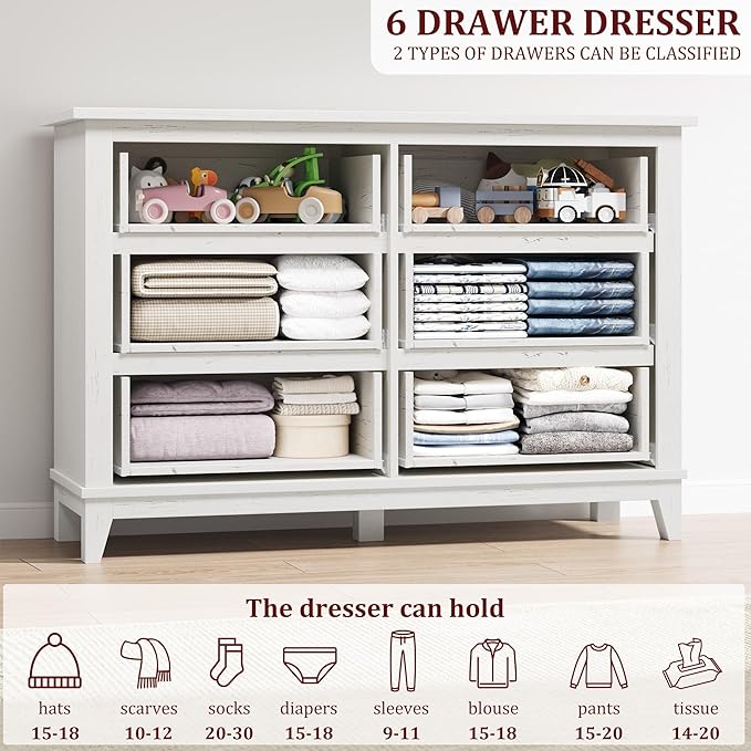 GarveeHome 6 Dresser for Bedroom, 47 in Wide Drawer Dresser with Storage Freestanding, Wooden Closet Storage Chest for Living Room, Bedroom, Entryway, White