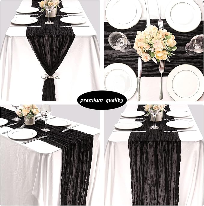 12 Pack 10Ft Cheesecloth Table Runner 35x120 Inch Boho Gauze Table Runner Rustic Cheese Cloth Long Romantic Table Runners for Wedding Bridal Shower Birthday Party Table Decor (Black)
