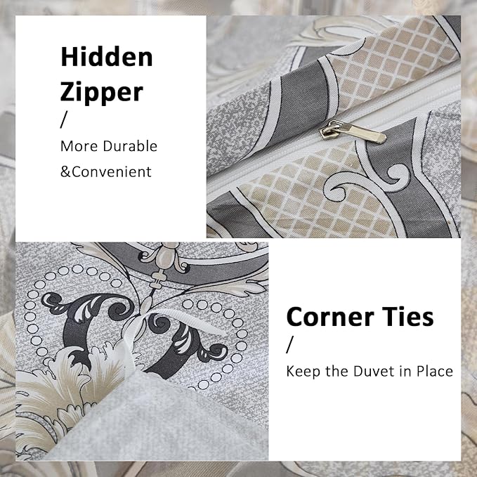 100% Natural Cotton Duvet Cover Set King 3 Pcs Grayish Duvet Cover with Luxurious Damask Pattern, Reversible Breathable Soft Comforter Cover Sets with Zipper Closure All Season