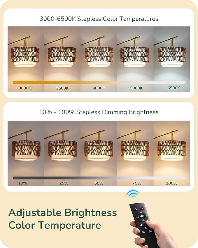 EDISHINE Rattan Arc Floor Lamp with Remote, Gold Farmhouse Standing Lamps for Living Room, Rattan & Fabric Dual Shades, Dimmable LED Bulb, Foot Switch, Adjustable Head Boho Lamp for Bedroom, Nursery