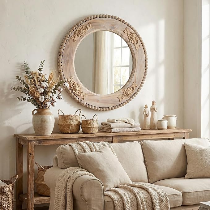 H HOMEWINS Rustic Round Mirror, 24" Wooden Circle Farmhouse Wall-Mounted Nature Beads Decor Mirror for Bedroom, Bathroom, Living Room,Vanity