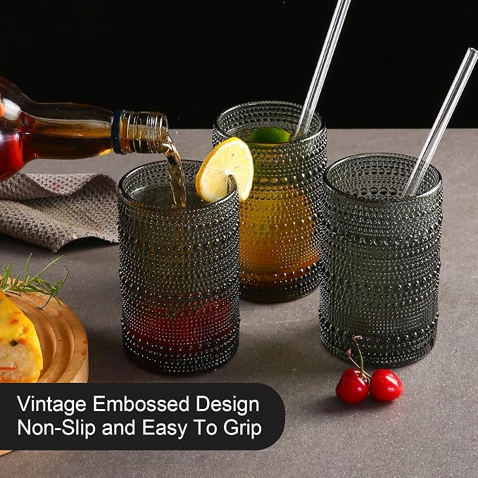 ZMOWIPDL Vintage Glassware Drinking Glasses Set of 6,15 oz Hobnail Glass Cups,Embossed Grey Water Tumbler,for Beer,Cocktail,Whiskey,Juice and Various Mixed Drinks- 1 Cleaning Brush