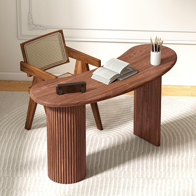 LEVNARY 54.3" Curved Small Computer Desk, Wooden Executive Desk with Sturdy Fluted Legs, Modern Luxury Corner Single Writing Vanity Desk for Bedroom Living Room Home Office (Walnut)