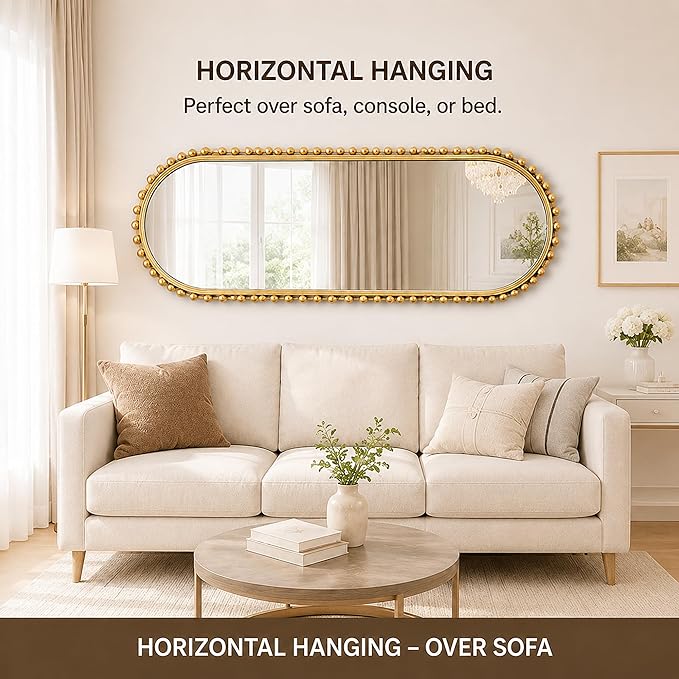 20"x53" Long Oval Full Length Wall Mounted Mirror, Antique Gold Beaded Metal Frame Large Decorative Wall Mirror, Vertical or Horizontal Hanging Tall Entryway Bedroom Living Room