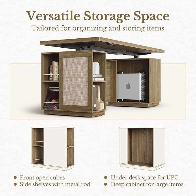 70" Standing Desk with Storage, Executive Electric Height Adjustable Stand Up Desk with AC/USB and Privacy Panel, Large One-Piece Destop, Rattan Computer Desk for Home Office, Natural Oak