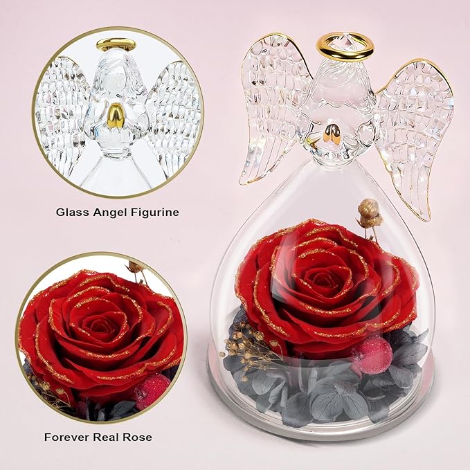 Yamonic Mom Birthday Gifts for Moms, Angel Figurines with Real Rose Gifts for Her Mother Grandma, Preserved Flowers Rose Angel Figurines for Mothers Day Christmas Birthday Gifts for Women(Redgold)