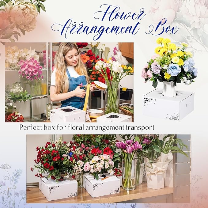 20 Pcs Cardboard Flower Delivery Boxes 8'' x 8'' x 4'' Vase Cases Florist Delivery Boxes for Bouquet Arrangements Florist Package Transport