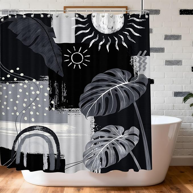 Extra Long Shower Curtain Extra Tall Black and Gray XL Black and Grey Abstract Shower Curtains for Large Bathroom Decor Sets, Waterproof Cloth Fabric with Hooks, 108x72 Inch