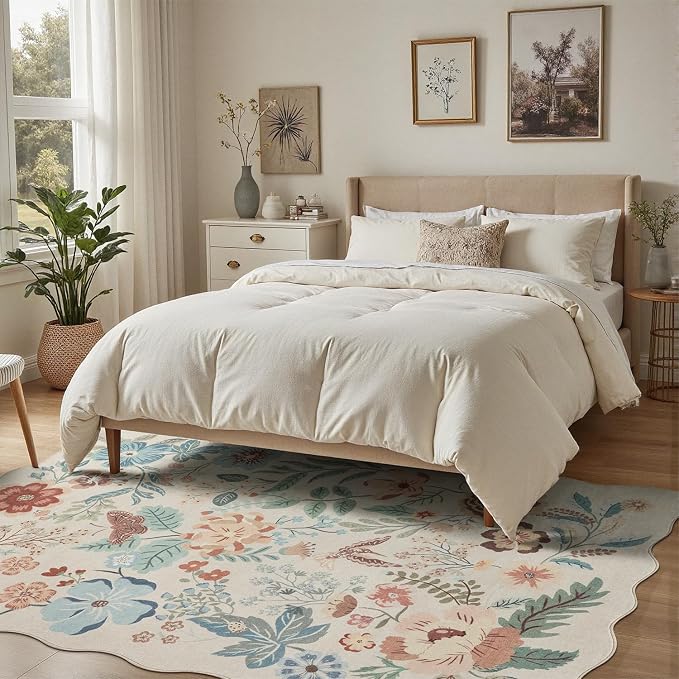 DCX Beige Floral Rug 5x7, Washable Beige Rug for Living Room, Kid & Pet Friendly with Rubber Back Non Slip, Soft Low Pile Carpet, Stain Resistant Rug for Bedroom, Nursery, Dining Room