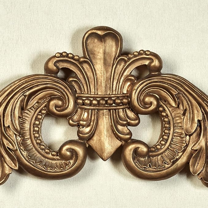 Salvatar Wall Art Topper | Large, Wide Doorway Design | Antique Aged Gold Metallic Finish | Openwork Acanthus Leaf Scrolls with Ornate Fleur De Lis | Hang Alone or Above A Door, Window, or Artwork