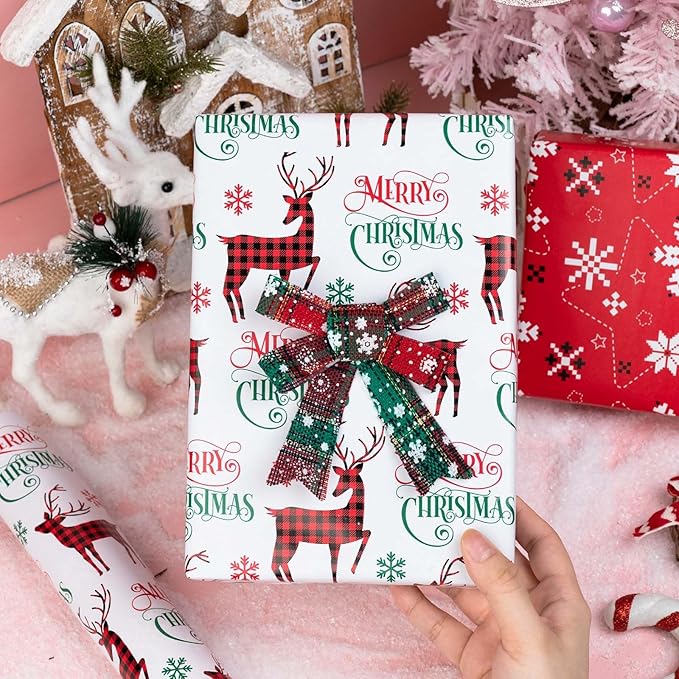 MAYPLUSS Christmas Wrapping Paper Roll - 17IN X 33FT - Gift Wrapping Paper Featuring Merry Christmas Reindeer Reversible Snowflake for Kids, Holiday, New Year