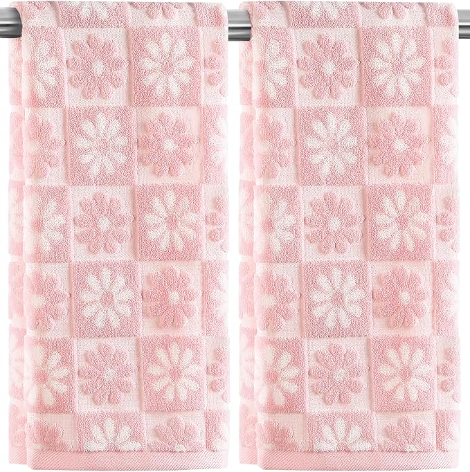 Quera 2 Pack Hand Towels Spring Summer Daisy Pink White Flower Checkered Bathroom Decorative Towels Set for Bath Kitchen Gift Guest Use 13.7'' x 29.5''
