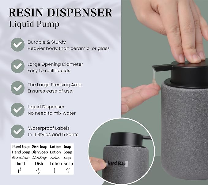 Clasin Home Resin Hand Soap Dispenser with Easy-to-Press Pump, Refillable Liquid Soap Dispenser with Sandstone Like Finish, Waterproof Bottle Labels for Bathroom Kitchen Dish Lotion (Gray, 10 oz)