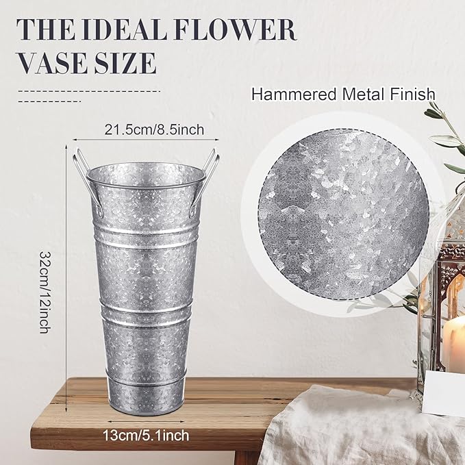 Zhehao 12 PCS 12 Inch Galvanized Metal Vase with Handles Bulk Tin Flower Buckets Galvanized Vases for Flowers Country Wedding Table Centerpieces Metal Flower Buckets for Wedding Home(Matte Silver)