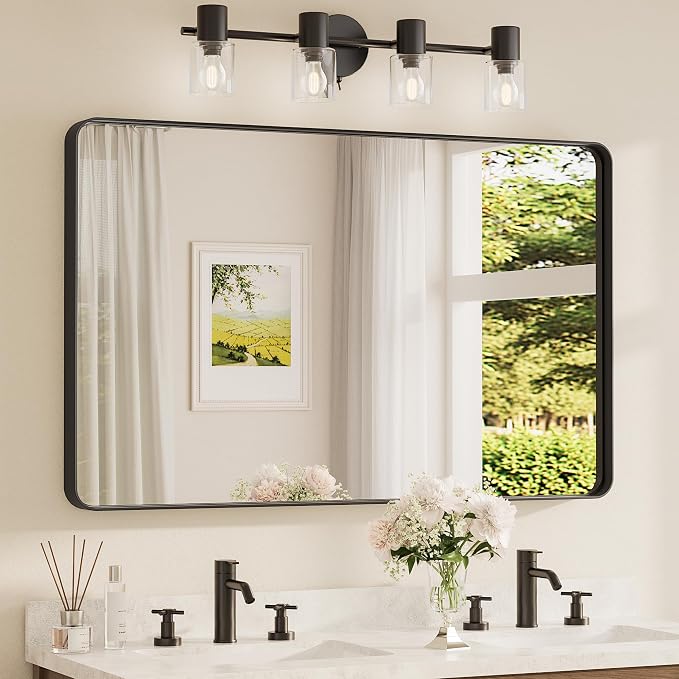 TETOTE 48 x 30 Inch Bathroom Mirror, Matte Black Modern Metal Frame Rectangle Wall Mounted Vanity Mirror (Horizontal/Vertical)