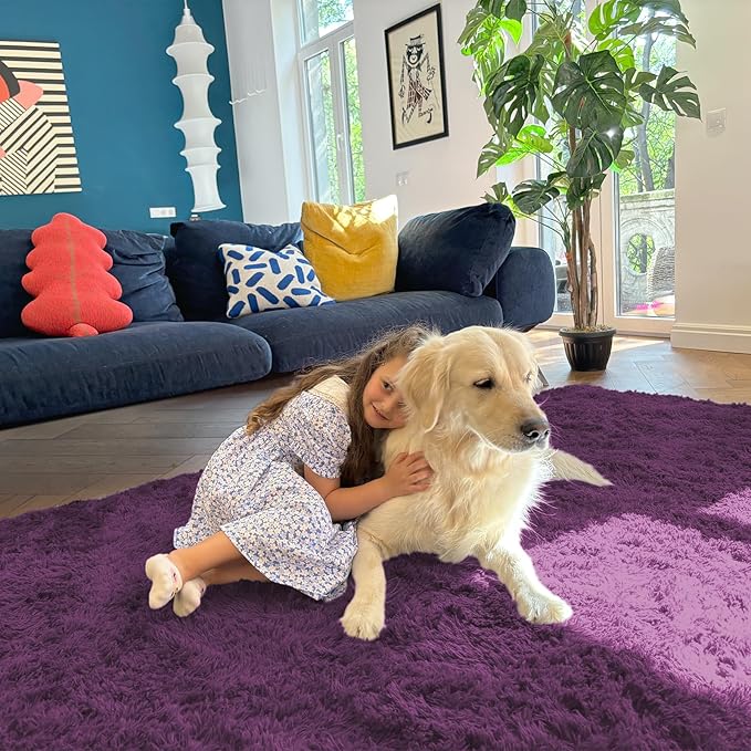 OLANLY 2x3 Machine Washable Small Bedside Rug, Soft Fluffy Shaggy Entryway Throw Rugs for Bedroom, Living Room, Indoor Floor Carpet for Kids Girls and Boys, Home Decor Aesthetic, Dark Purple