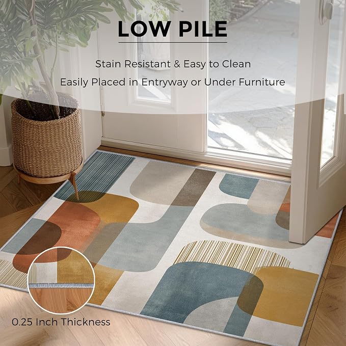 3x4 Mid Century Geometric Rugs for Bedroom Decor, Washable Mid Century Modern Pattern Area Rug, Living Room Home Decoration, Non Slip Soft Thin, Modern Abstract Decor Carpet PF-P 117