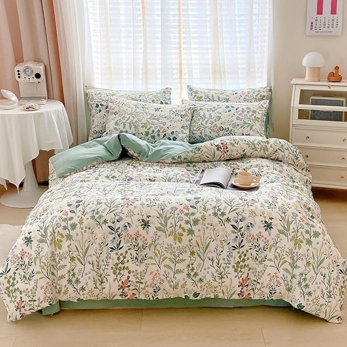 HighBuy Girl Peach Green Flower Duvet Cover Full Soft Cotton Botanical Floral Bedding Set Full Green Garden Cottagecore Comforter Cover with 2 Pillowcases Teen Bedding Sets Ultra Soft